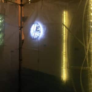 Series of original handmade Lumencrafter wall-hung LED light sculptures at Sourceworks Ceramics Studio for the 2018 Grey County Autumn Leaves Studio Tour. 