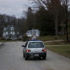 Matrix of Beauty, original handmade freestanding LED light sculpture by Lumencrafter, sits atop our old Subaru Forester, making the journey to L.E. Shore Library, Thornbury for the the Grey Highlands Artists Collective 2017 exhibition, Sacred Spaces: Altars by Artists. Cedar tree skeleton hung with four square light towers and overlaid with a grid of narrow polycarbonate strips.