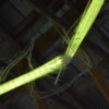 22-foot-long LED light sculpture, changing colours.  LED lights run through three acrylic tubes joined with heavy gauge wire, wrapped with strips of steel mesh and polycarbonate.  stunning; completely original.