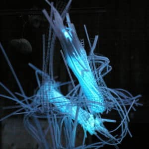 A Roar, A Boar y Alice, a 22-foot-long LED light sculpture glowing blue in the dark at the 2016 Local Colour Art Garden, Flesherton, photo taken head-on so that the three joints are foreshortened.. LED lights run through three acrylic tubes joined with heavy gauge wire, wrapped with strips of steel mesh and polycarbonate. stunning; completely original.