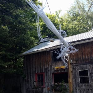 A Roar, A Boar y Alice, a 22-foot-long LED light sculpture seen from below in daylight at the 2016 Local Colour Art Garden, Flesherton. LED lights run through three acrylic tubes joined with heavy gauge wire, wrapped with strips of steel mesh and polycarbonate. stunning; completely original.