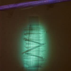 Two original handmade Lumencrafter LED light sculptures, In the Cloud tending purple above and green Tectonic Ladder on wall at Arcadia Art Gallery, Toronto, 2014.
