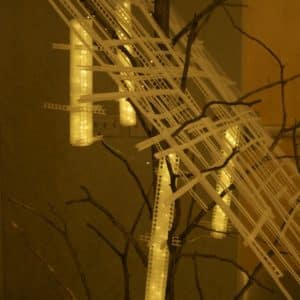 Close-up of Matrix of Beauty, original handmade freestanding LED light sculpture by Lumencrafter at the Grey Highlands Artists Collective 2017 exhibition, Sacred Spaces: Altars by Artists at The Gallery, L.E. Shore Library, Thornbury. Cedar tree skeleton hung with four square light towers and overlaid with a grid of narrow polycarbonate strips.