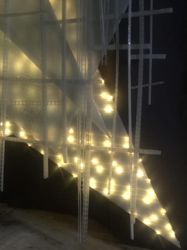 Lower point of Barn Star, soft white original handmade Lumencrafter LED light sculpture at Sourceworks Ceramics Studio for the 2018 Grey County Autumn Leaves Studio Tour.