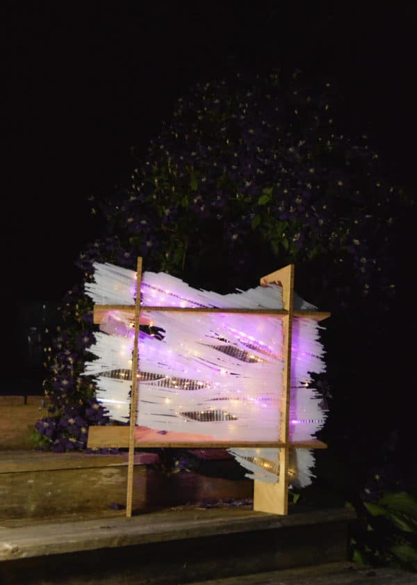 original LED light sculpture, violet-pink and white light, free-standing, slightly more than 2 feet square, glows in the garden by a cascade of deep purple clematis