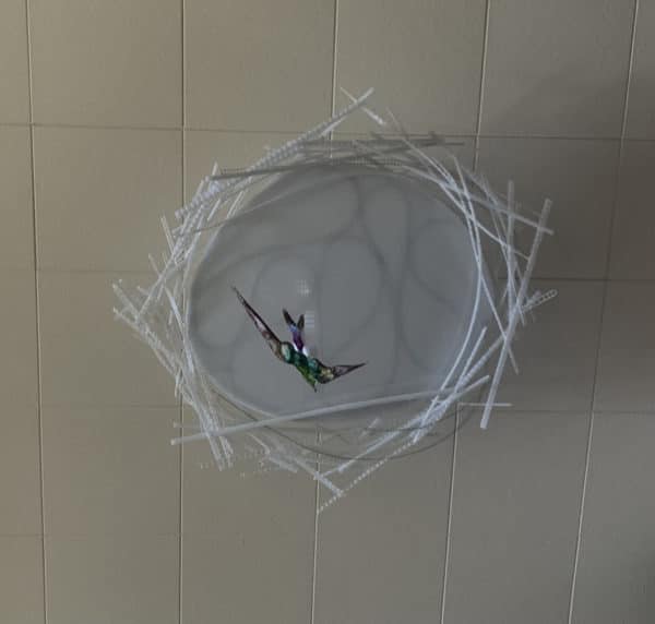 Violet-green Swallow, original LED ceiling light sculpture by Lumencrafter. Unlit shows bright colours of hand-painted bird flying below a 3-foot diameter diffusion plate, thin polycarbonate strips wound round create bird nest illusion, beautiful in day or night.
