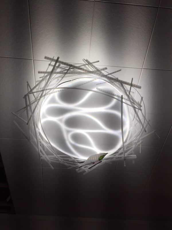 Violet-green Swallow, original LED ceiling light sculpture by Lumencrafter. Hand-painted bird flies below a 3-foot diameter diffusion plate, bright LED rope light, thin polycarbonate strips wound round create bird nest illusion.