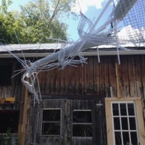 A Roar, A Boar y Alice, a 22-foot-long LED light sculpture seen from below in daylight at the 2016 Local Colour Art Garden, Flesherton. LED lights run through three acrylic tubes joined with heavy gauge wire, wrapped with strips of steel mesh and polycarbonate. stunning; completely original.