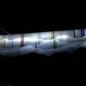 Appalachia close-up, original Lumencrafter LED light sculpture, soft white with hand-painted pink and blue accents, at the 2019 Local Colour Art Garden, Flesherton