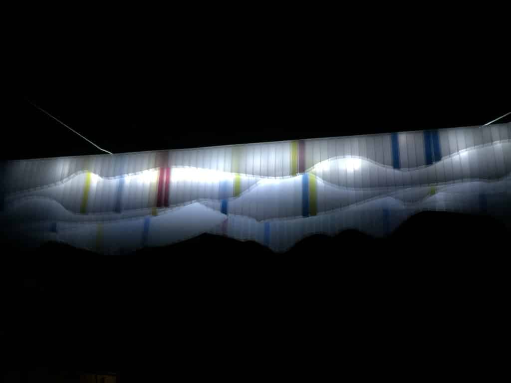 Appalachia close-up, original Lumencrafter LED light sculpture, soft white with hand-painted pink and blue accents, at the 2019 Local Colour Art Garden, Flesherton
