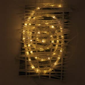If Not Now, original handmade Lumencrafter LED light sculpture wall sconce, white spiral rope light on dark background covered by mesh of polycarbonate twinwall strips at Arcadia Art Gallery, Toronto, 2014.