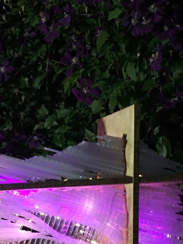 original LED light sculpture, violet-pink and white light, free-standing, slightly more than 2 feet square, glows in the garden by a cascade of deep purple clematis