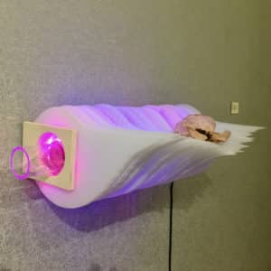 side view of Weight of Beauty, an LED wall-mounted light sculpture by Lumencrafter. A preserved blossom rests on layers of vertical polycarbonate glowing magenta-pink at the Grey Highlands Artists Collective 2017 exhibition, Sacred Spaces: Altars by Artists at The Gallery, L.E. Shore Library, Thornbury. shows acrylic tube of changing tones of pink light surrounded by alternating layers of plywood and polycarbonate.