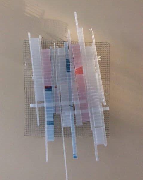 Shatter Series #1, pink, blue and soft white original hand-painted LED light sculpture wall sconce by Lumencrafter, unlit.