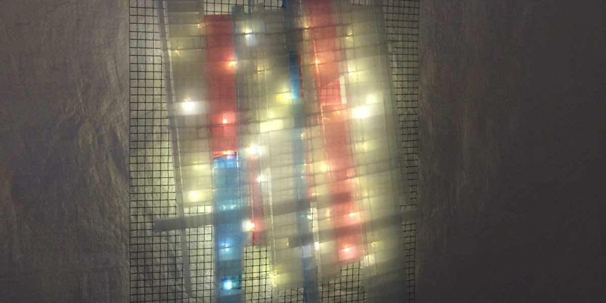 Shatter Series #1, pink, white and blue original hand-painted Lumencrafter LED light sculpture wall sconce exhibited at Sourceworks Ceramics Studio for the 2018 Grey County Autumn Leaves Studio Tour.